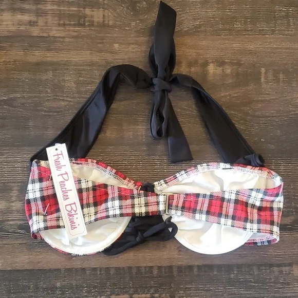 NWT Fresh Peaches Red and Black Plaid Bikini Top Size L - Picture 2 of 4